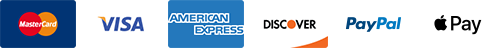 We Accept Visa, Mastercard, 
American Express, Discover, PayPal, and Apple Pay